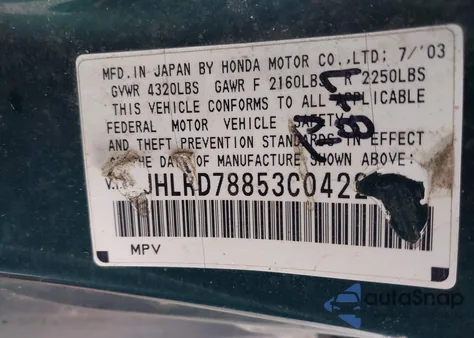 2003 Honda Cr-V Ex z USA, uszkodzony, nr VIN JHLRD78853C042202